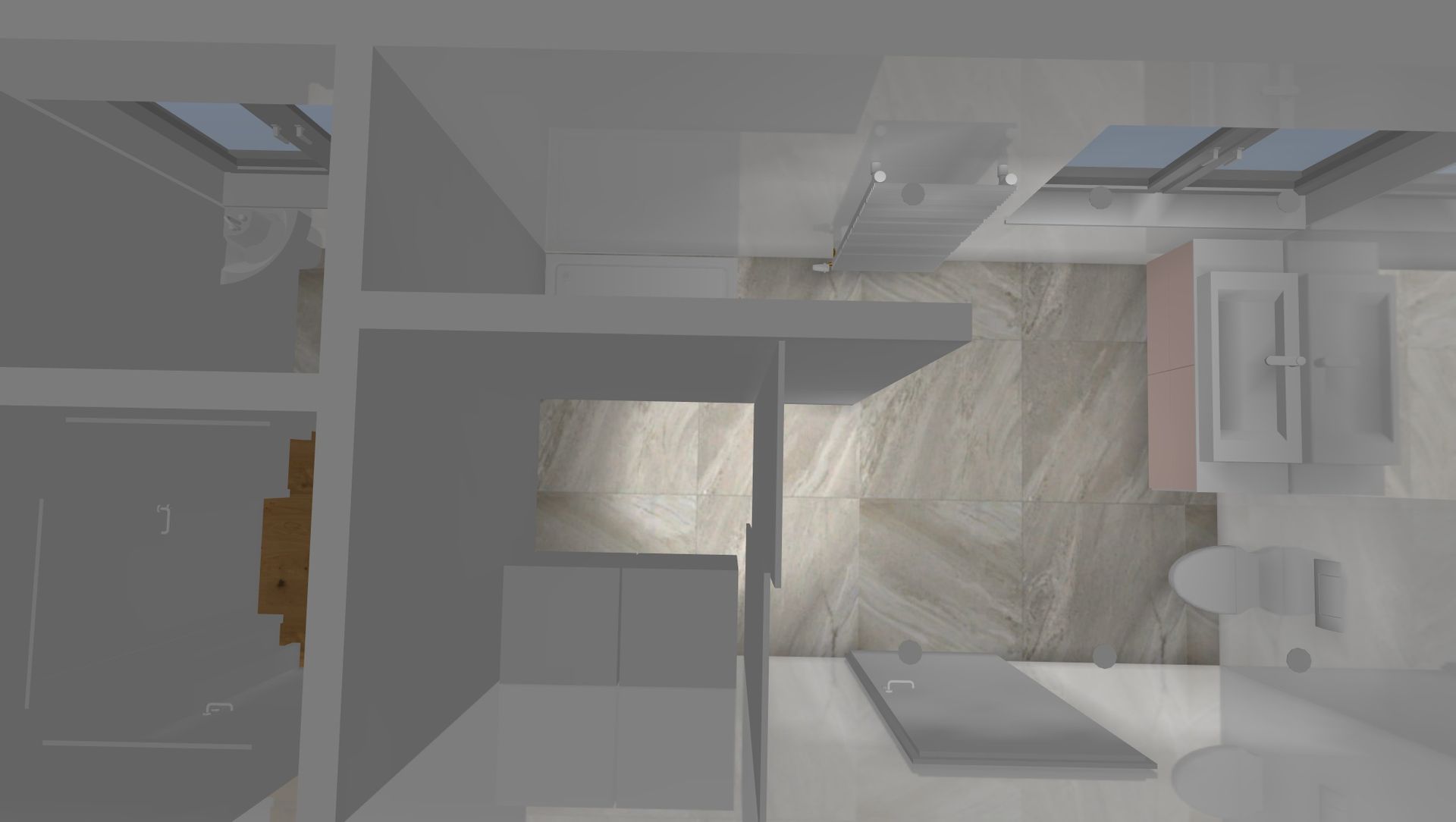 Eine 3D-Darstellung eines Badezimmers mit Oberlicht und Waschbecken.