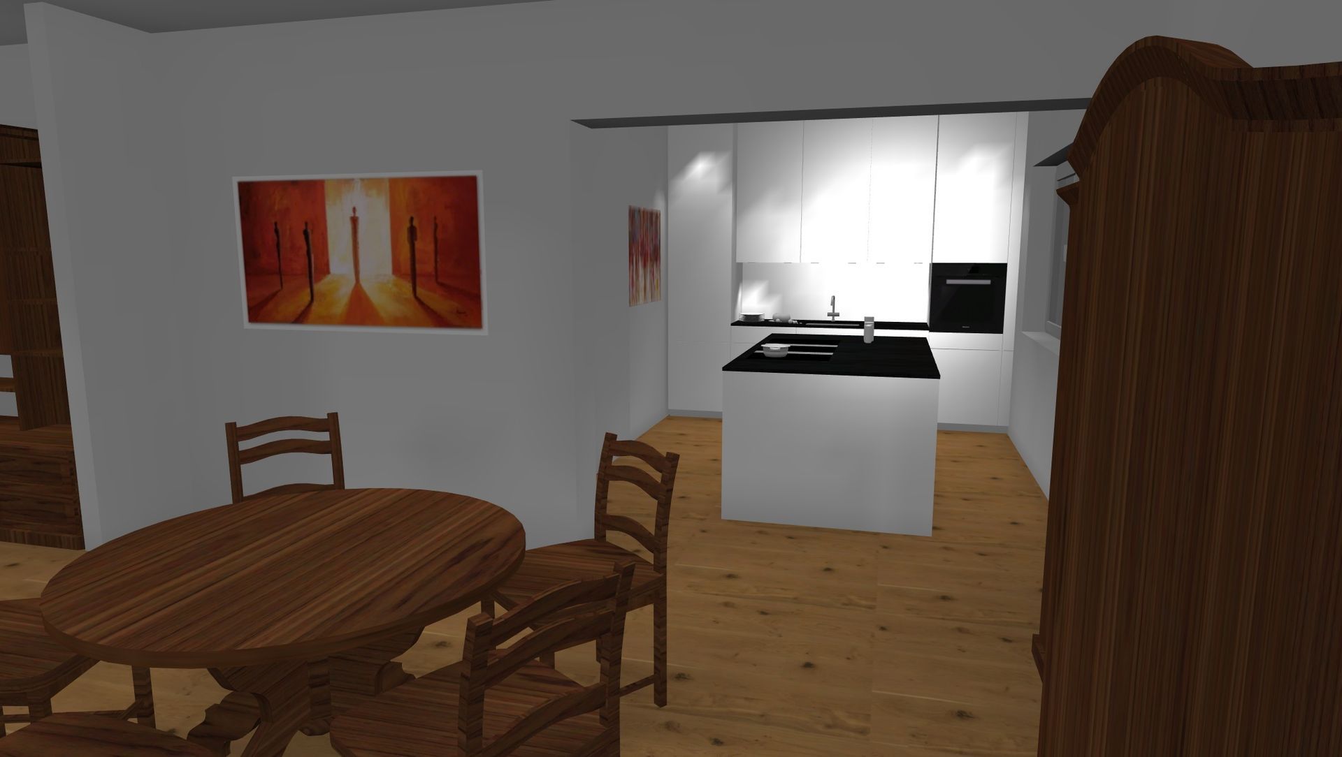 Ein computergeneriertes Bild eines Esszimmers mit Tisch und Stühlen
