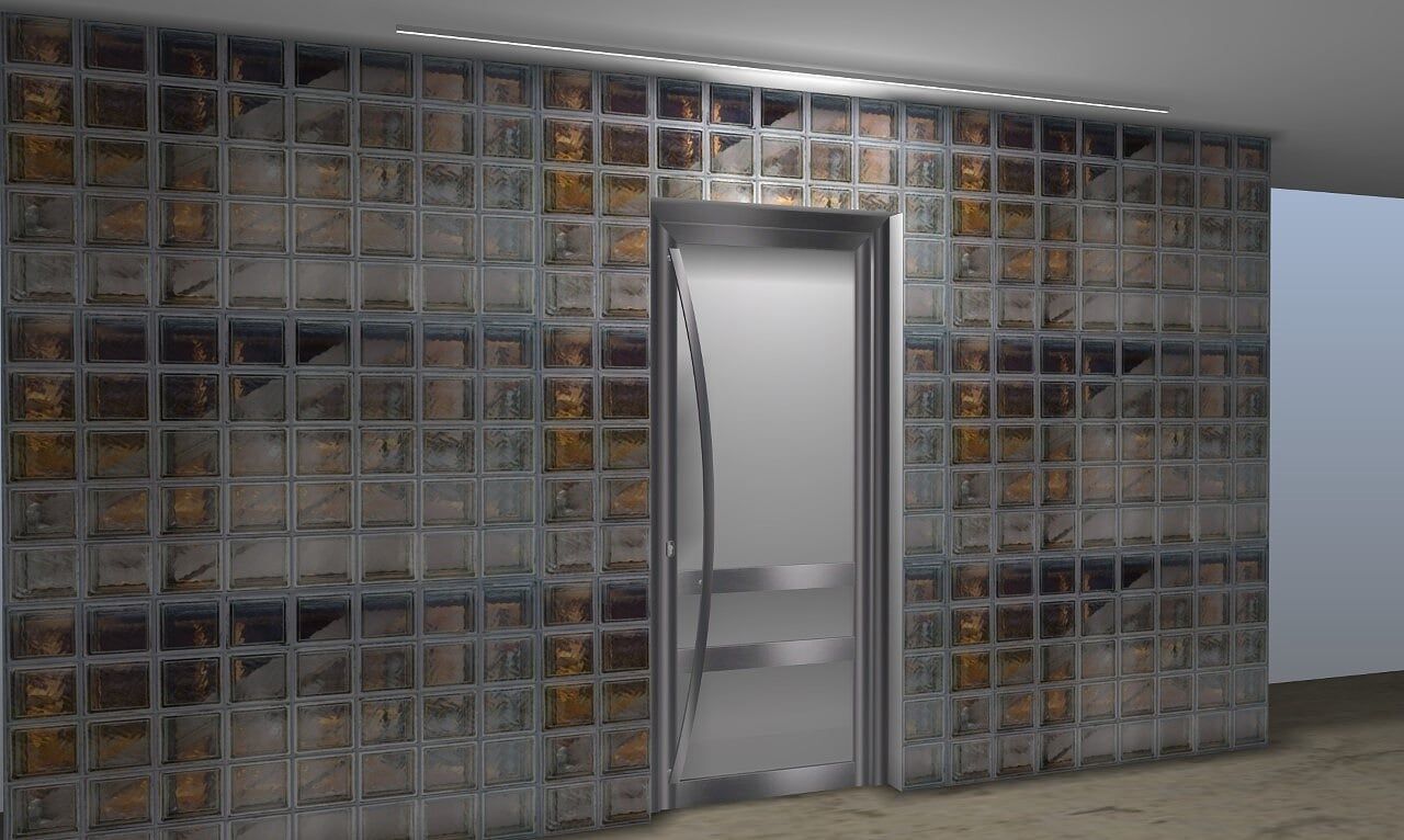 Eine Ziegelwand mit einer Tür in der Mitte