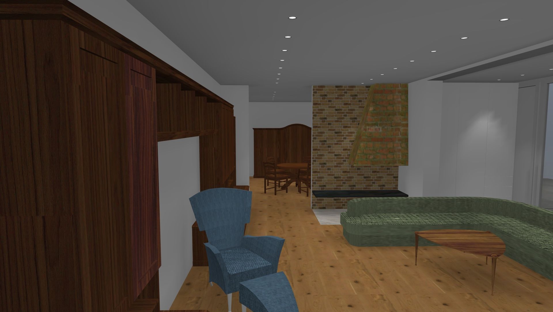 Ein Wohnzimmer mit Couch, Sessel, Tisch und Kamin.