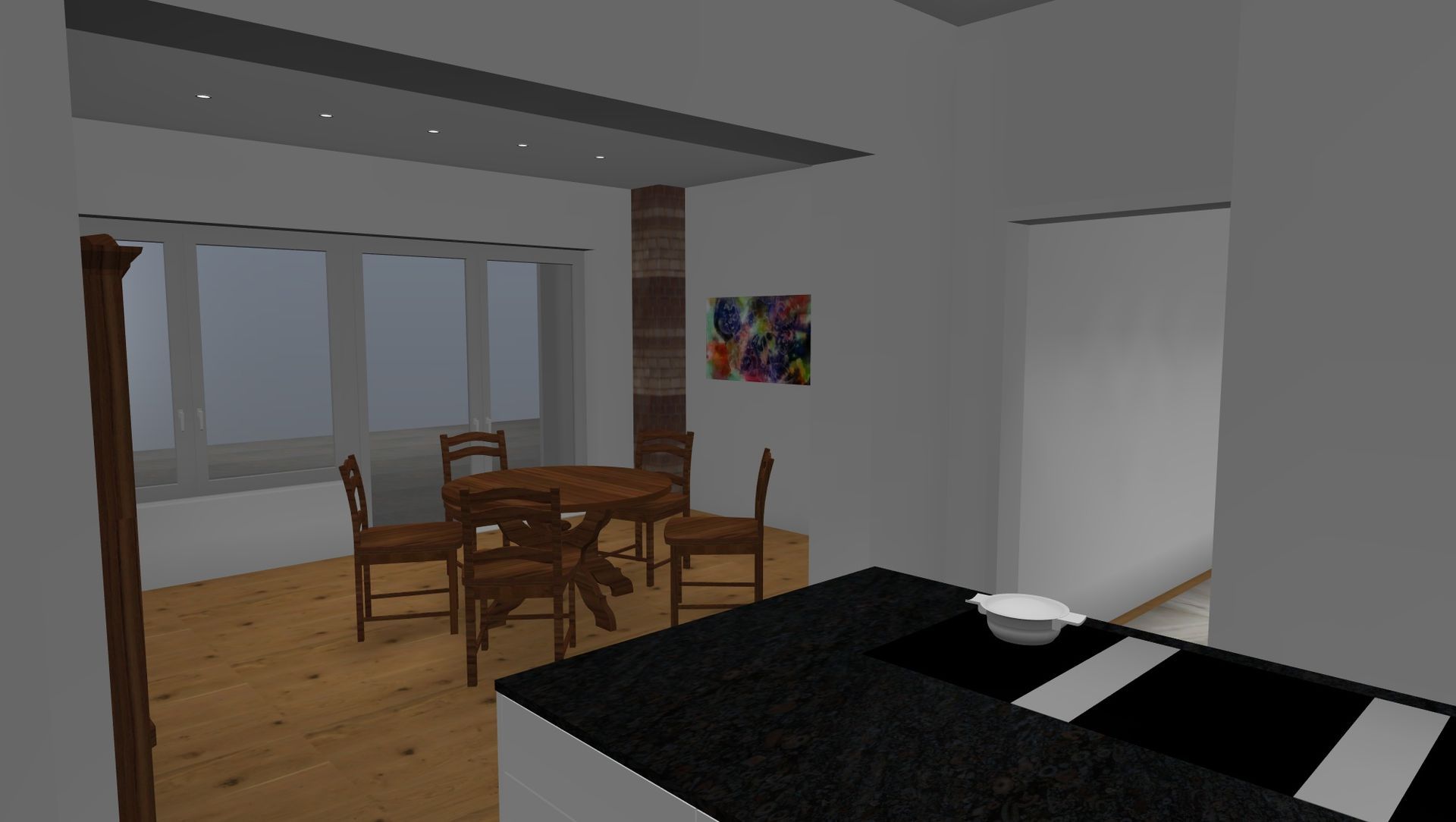 Ein computergeneriertes Bild eines Esszimmers mit Tisch und Stühlen