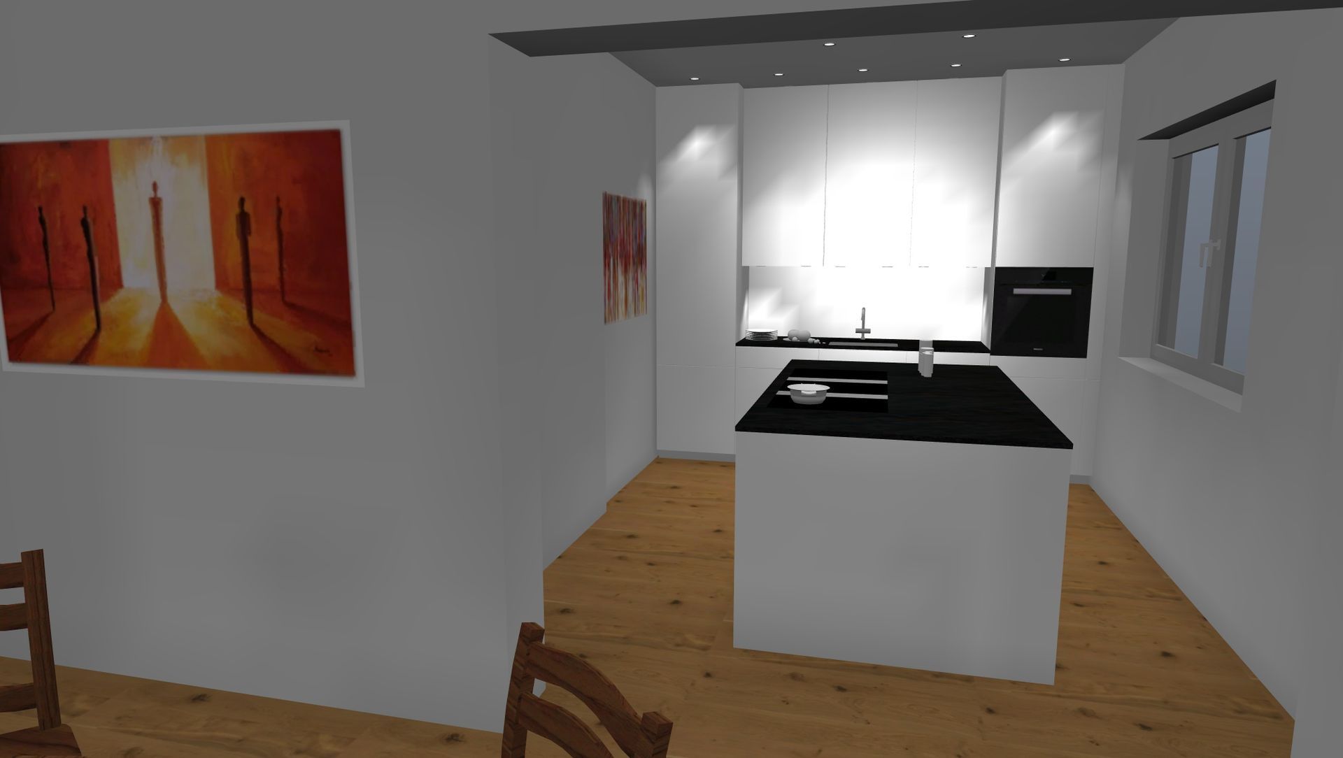 Eine Küche mit weißen Schränken und einer schwarzen Arbeitsplatte