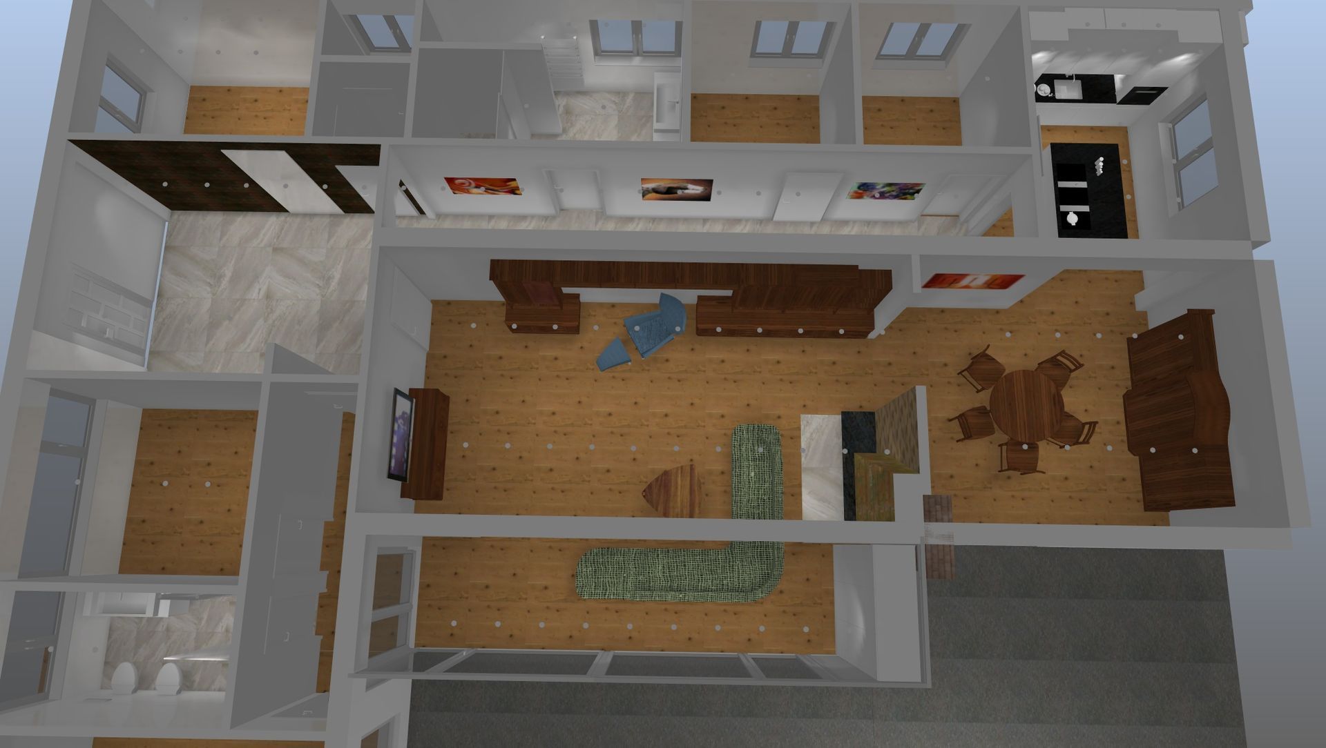 Eine Luftaufnahme eines Hauses mit vielen Zimmern