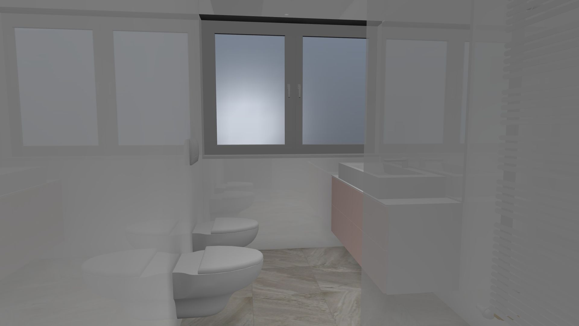 Ein Badezimmer mit zwei Toiletten, einem Waschbecken und einem Fenster.