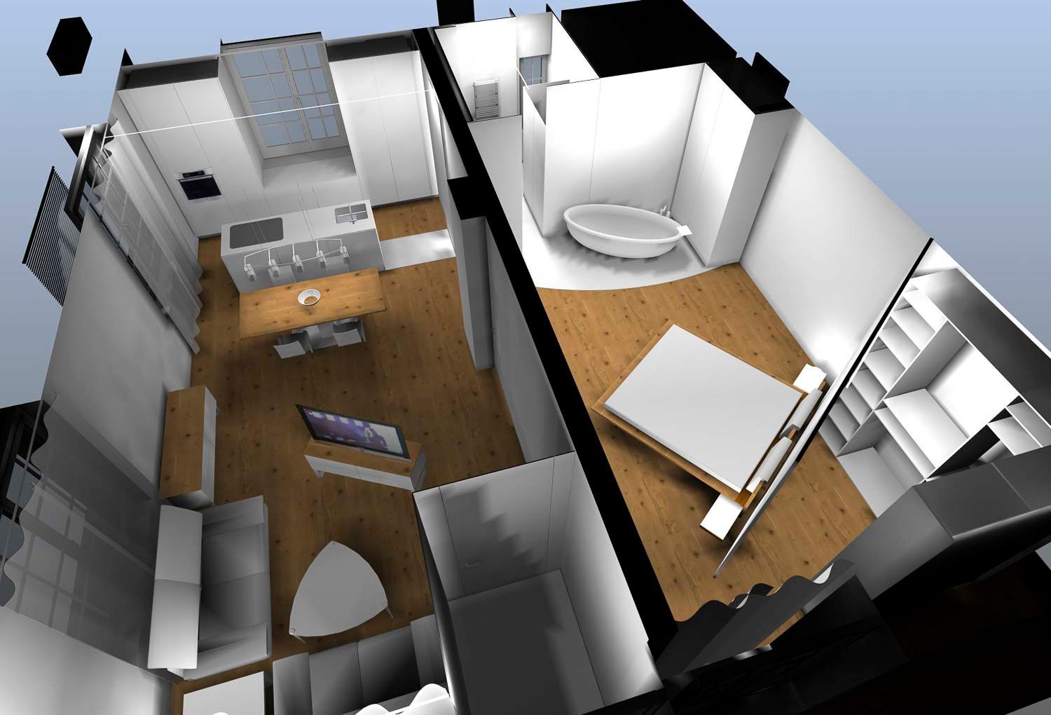 Eine Luftaufnahme eines Hauses, die das Schlafzimmer und das Badezimmer zeigt