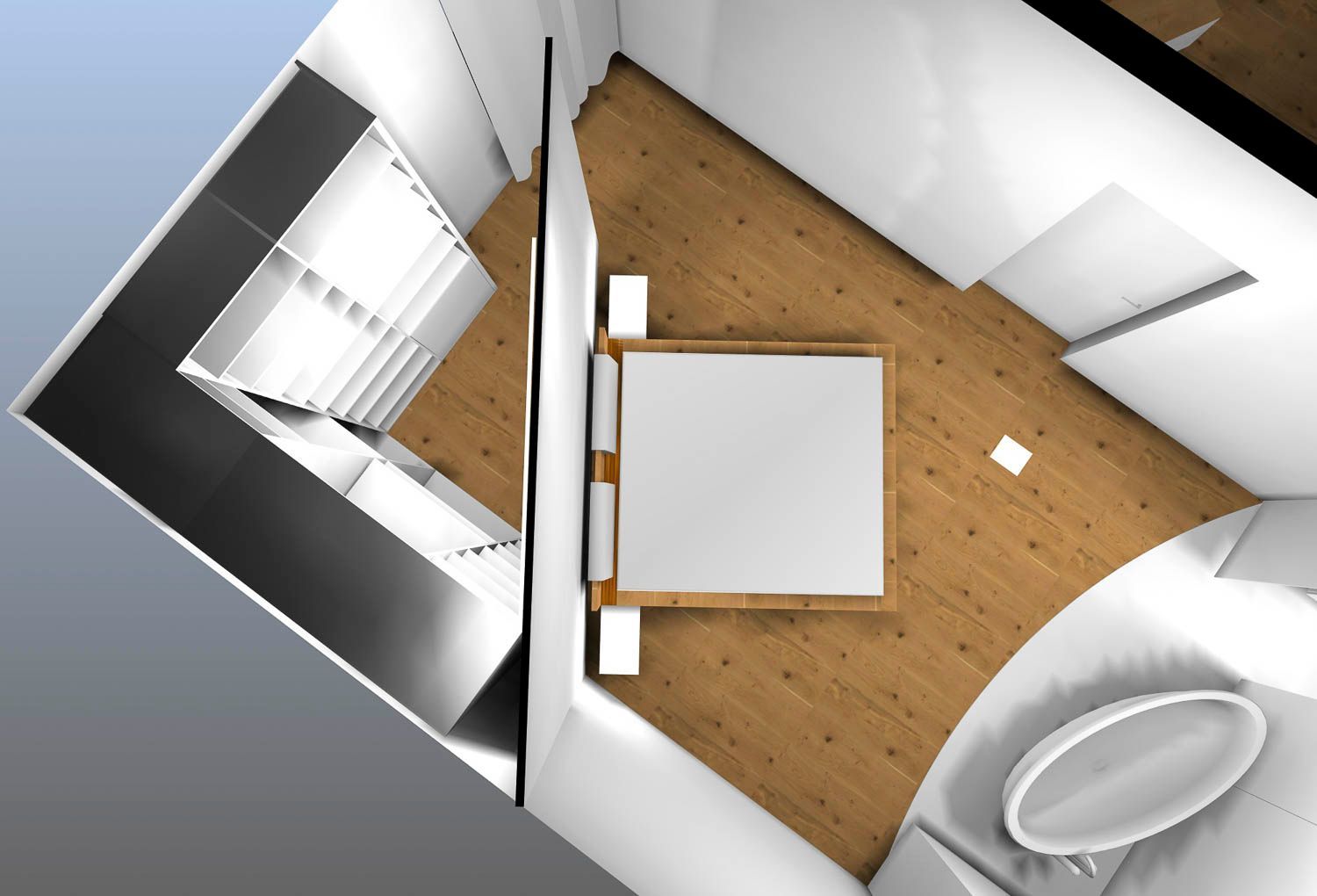 Eine Luftaufnahme eines Schlafzimmers mit einem weißen Bett