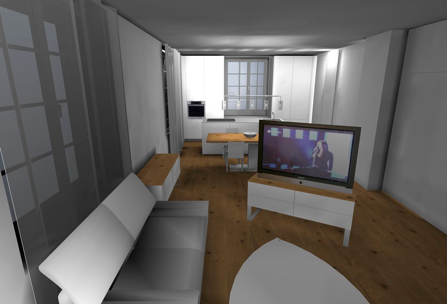 Ein Wohnzimmer mit Couch und Flachbildfernseher