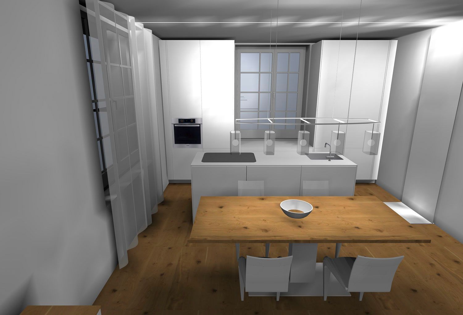 Ein computergeneriertes Bild einer Küche mit Tisch und Stühlen