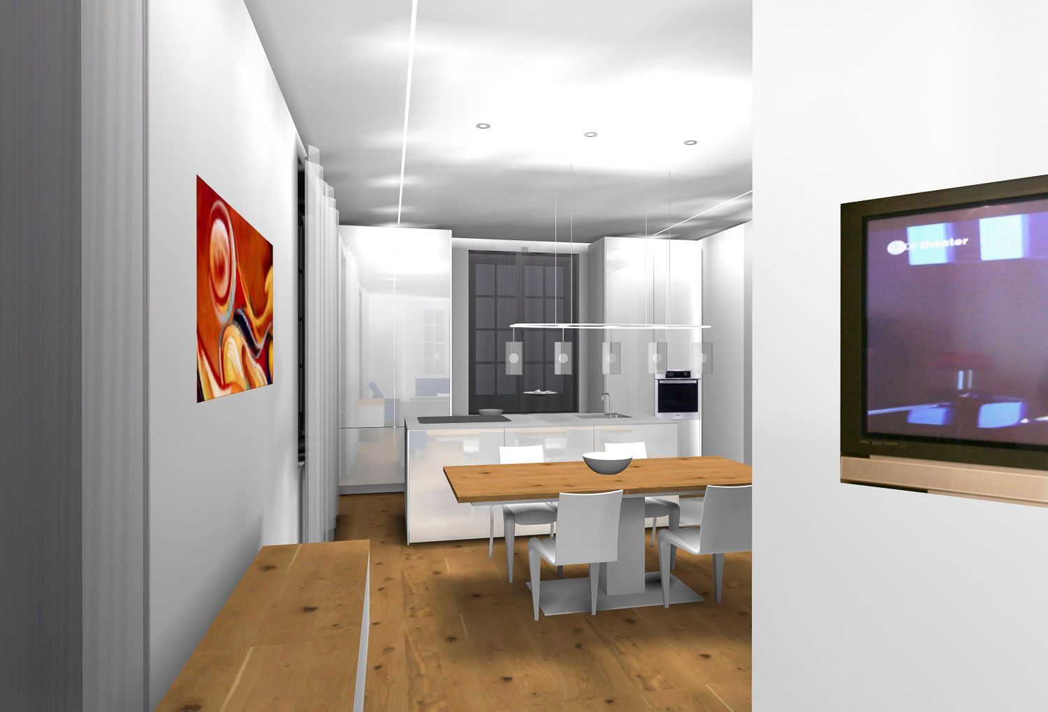 Ein computergeneriertes Bild einer Küche und eines Esszimmers