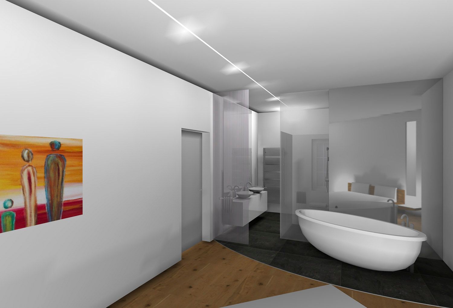 Ein Badezimmer mit Badewanne und einem Gemälde an der Wand