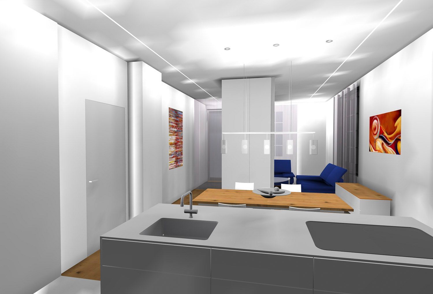 Ein computergeneriertes Bild einer Küche und eines Wohnzimmers