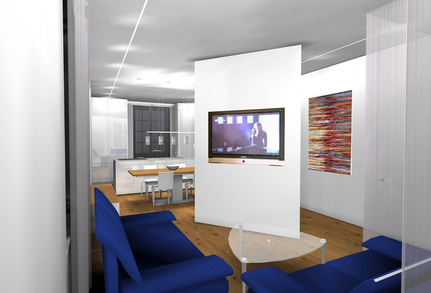 Ein Wohnzimmer mit blauen Möbeln und einem Flachbildfernseher