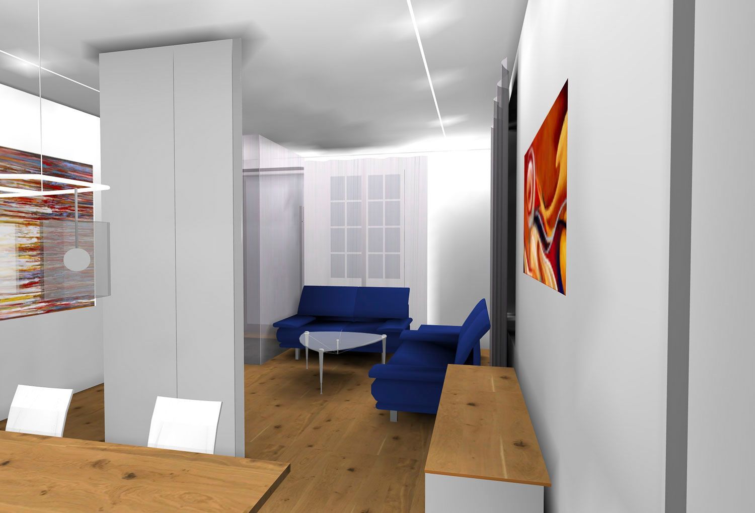 Ein Wohnzimmer mit einer blauen Couch und einem Tisch