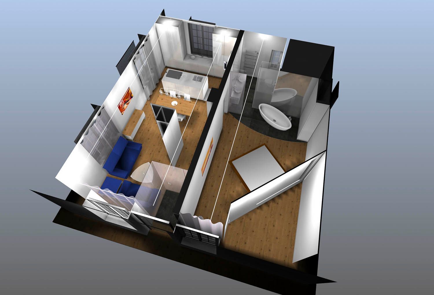 Eine Luftaufnahme eines Hauses mit einer Couch und Treppen