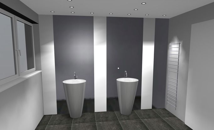 Ein Badezimmer mit zwei Waschbecken und einem Fenster