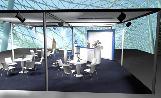 Ein computergeneriertes Bild eines Raumes mit Tischen und Stühlen