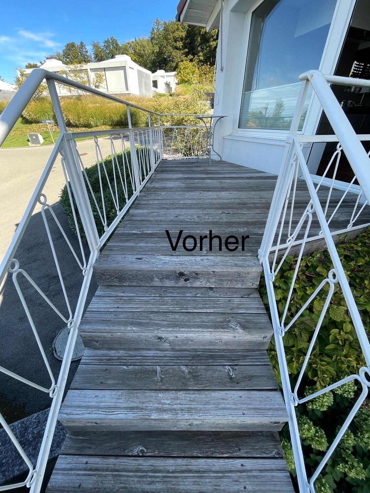 Ein Holzsteg mit weißem Geländer, der zu einem Haus führt.