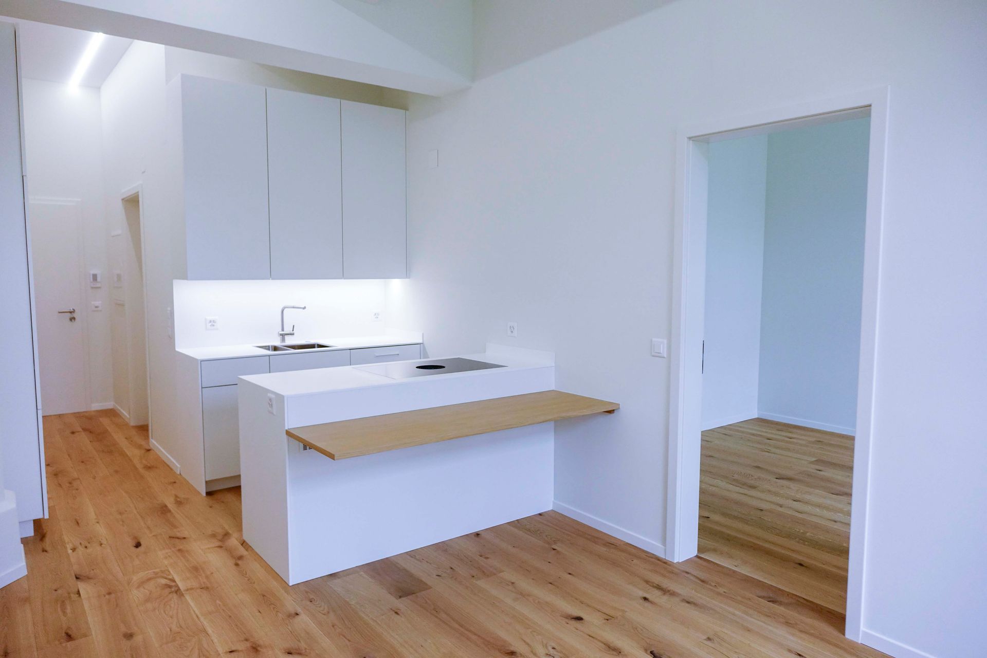 In der Mitte des Raumes befindet sich eine Küche mit Holzboden.