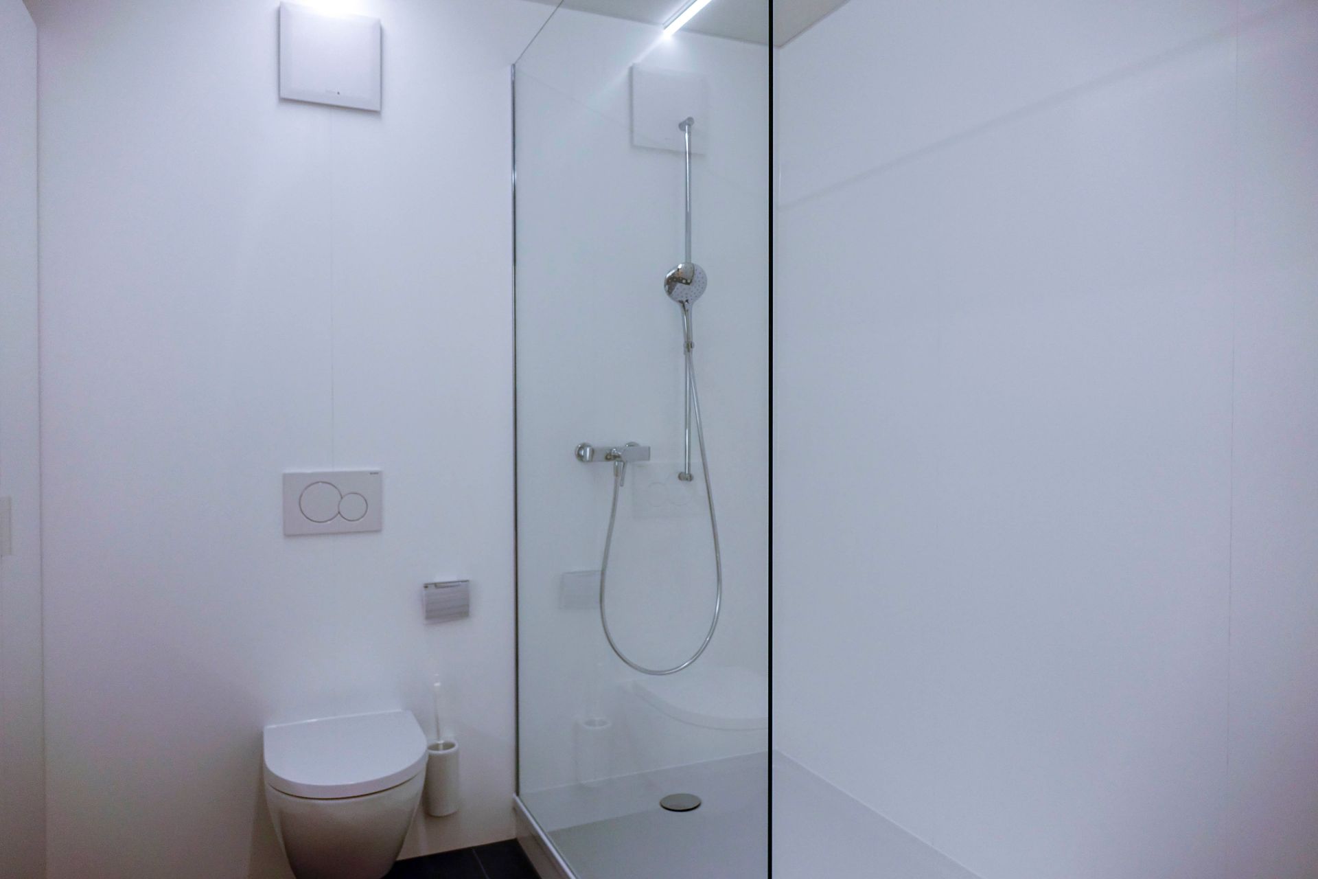 Ein Badezimmer mit Toilette und ebenerdiger Dusche.