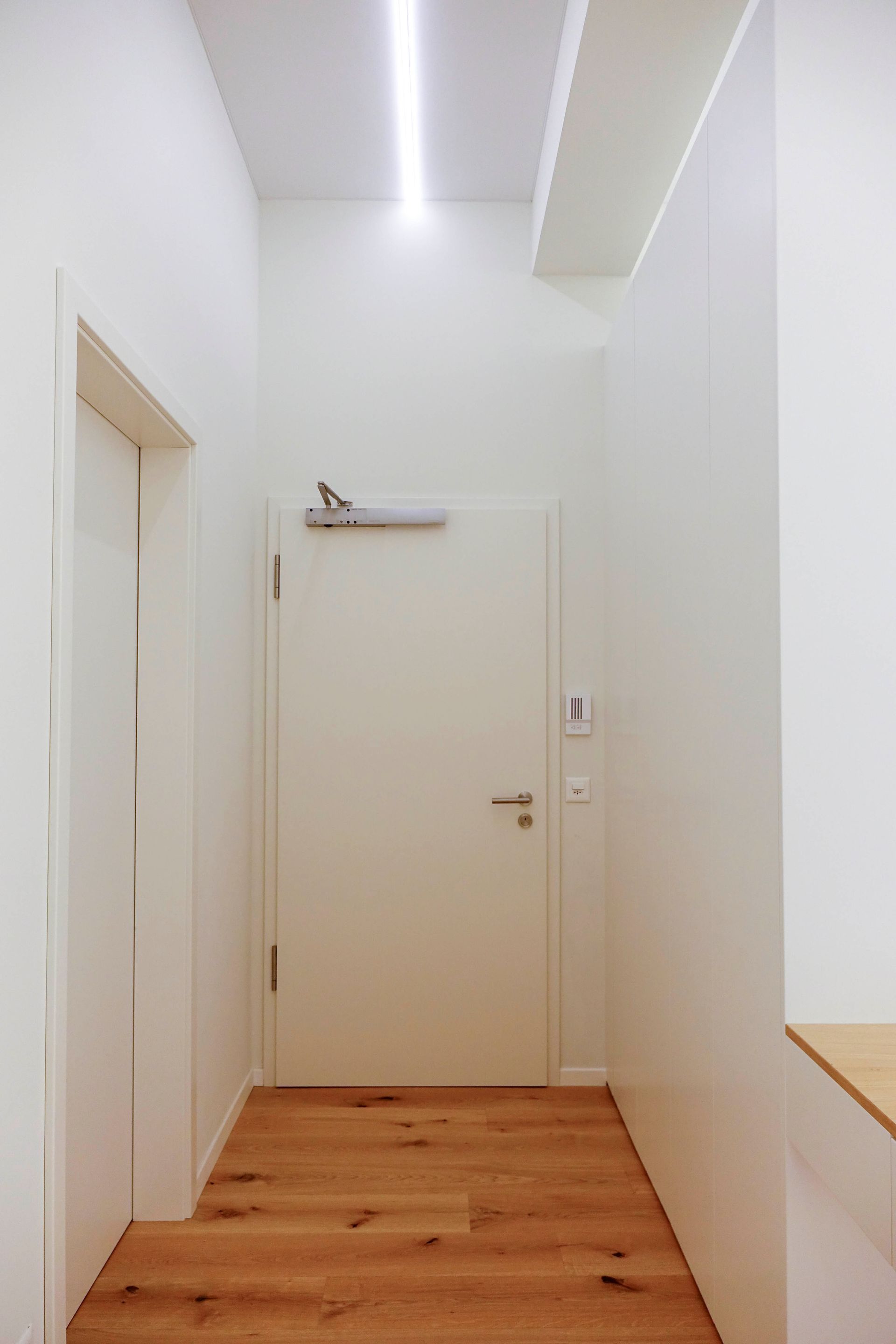 Ein langer Flur mit Holzboden und einer weißen Tür.