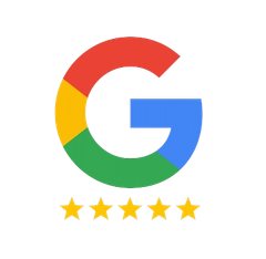 Un logo Google avec cinq étoiles dessus sur un fond blanc.