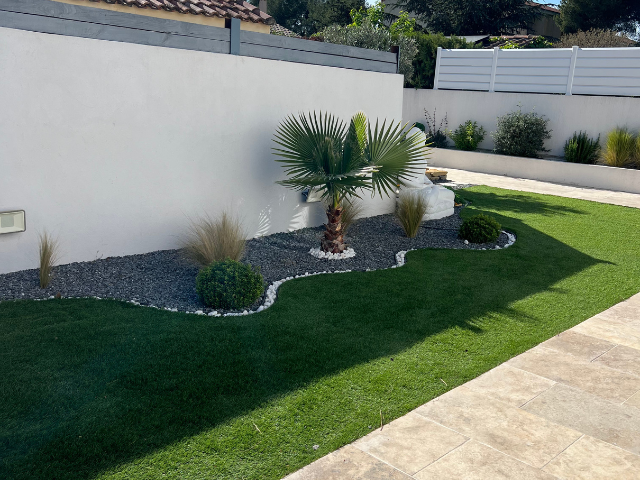 Il y a un palmier au milieu de la pelouse.