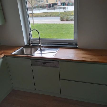 Eine Küchentheke mit Edelstahlspüle und Armatur unter einem Fenster, dazu salbeigrüne Schränke und eine Holzplatte.