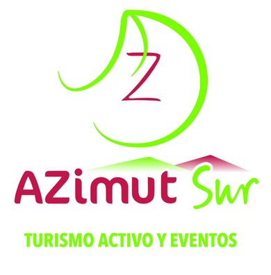 Logotipo de "Azimut Sur" con un remolino verde, texto rojo y silueta de montaña.