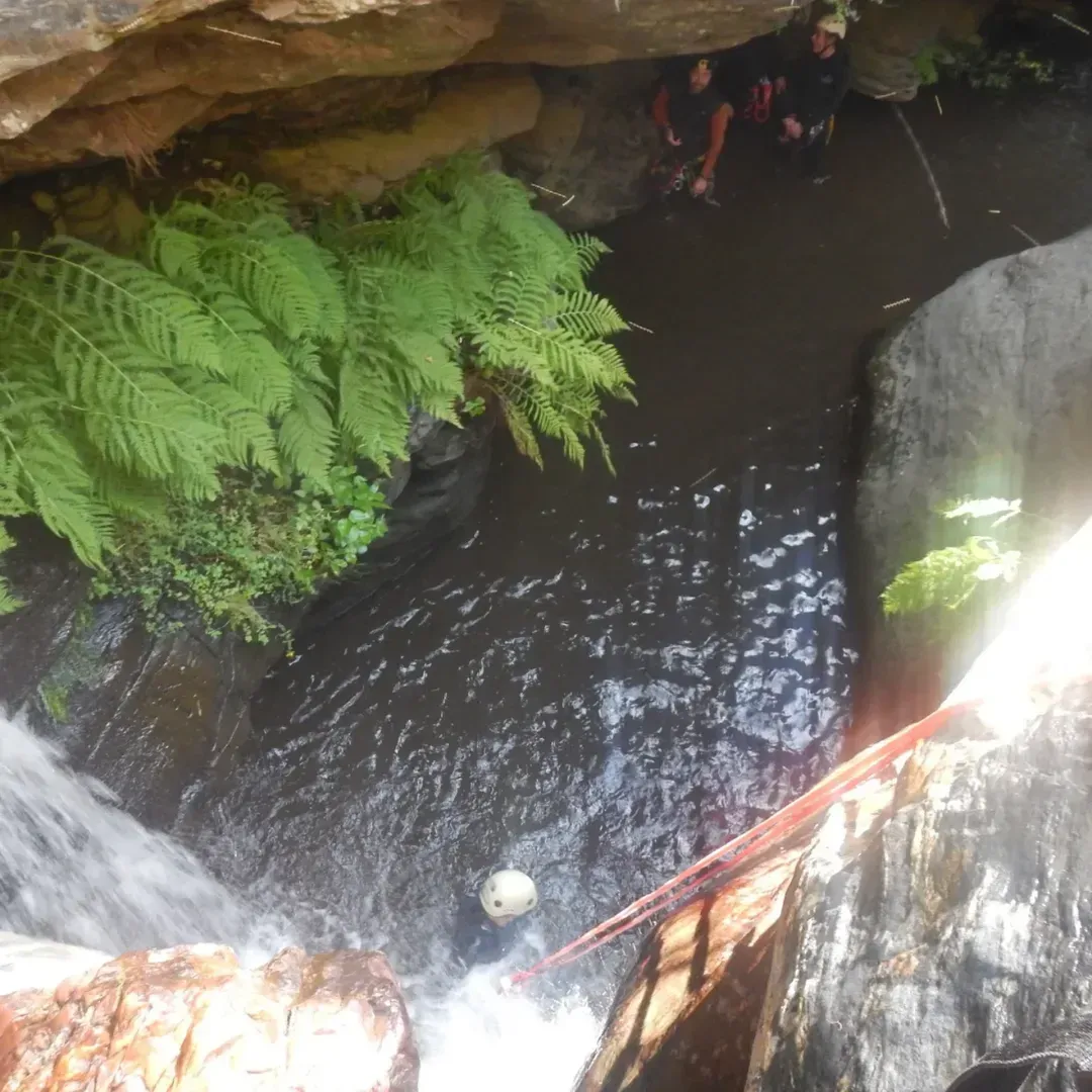 Una persona desciende en rápel por una cascada hacia una piscina oscura en un cañón, con helechos y paredes de roca.