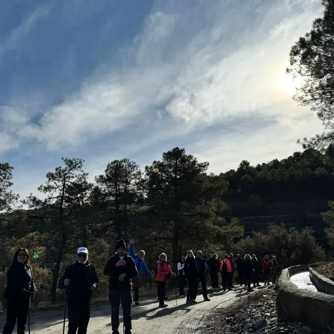 Grupo de personas caminando por un sendero de tierra en una zona boscosa bajo un cielo nublado.