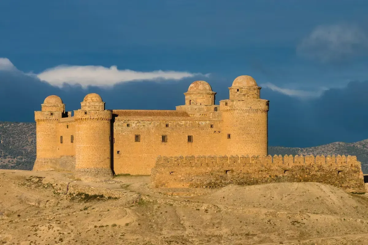 Grupo de personas caminando por un bosque con una montaña cubierta de nieve bajo un cielo azul y nublado.
