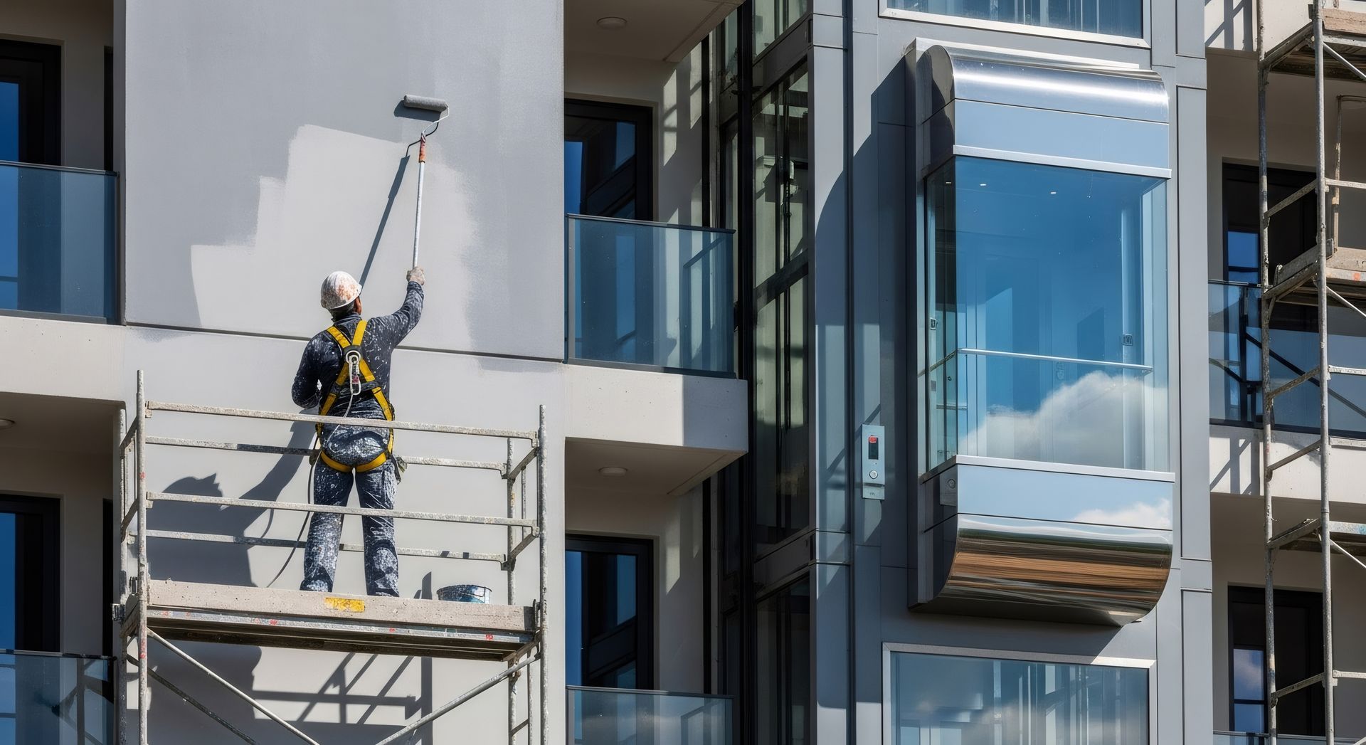 Un ouvrier du bâtiment, vêtu d'un équipement de sécurité, se tient sur un échafaudage en train de peindre.