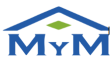 Un logotipo azul y verde para una empresa llamada mym