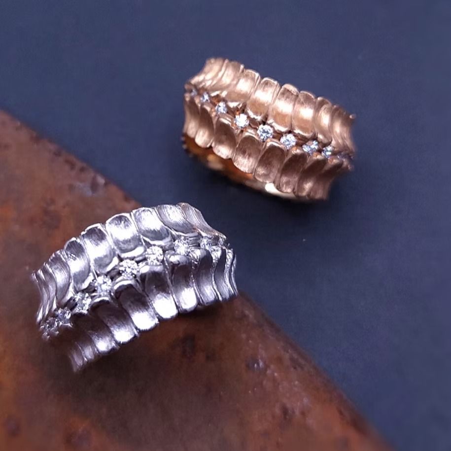 Zwei kunstvoll verzierte Ringe, einer goldfarben und einer silberfarben, mit Diamantakzenten, vor einem dunkelblauen und rostigen Metallhintergrund.