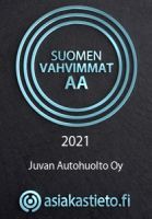 Award badge reading “Suomen vahvimmat AA” 2021 for Juvan Autohuolto Oy, with asiakastieto.fi logo on black background