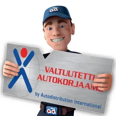 Cartoon mechanic holding a sign reading “Valtuutettu Autokorjaamo” with AD logo
