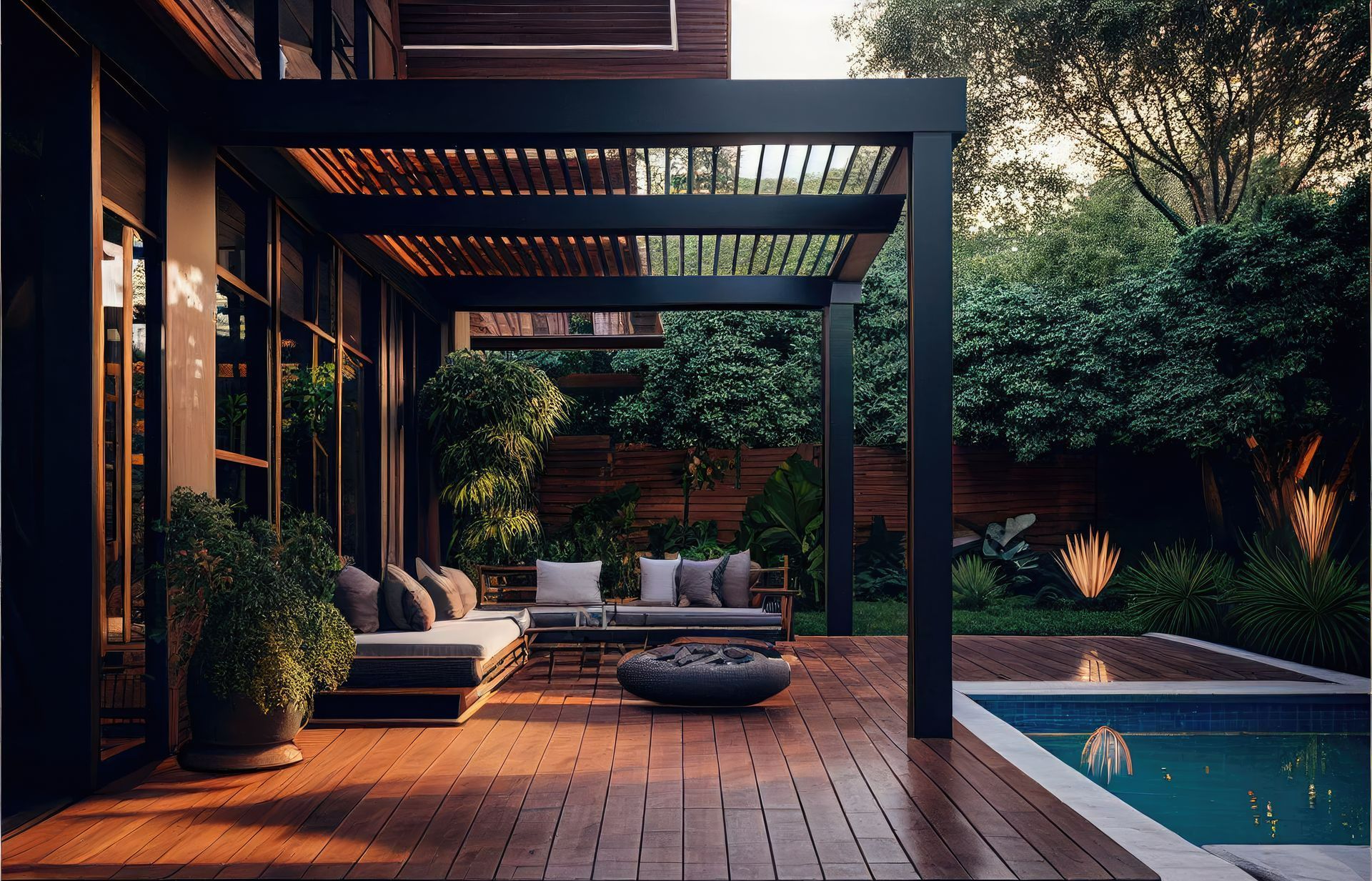 Une terrasse en bois avec piscine et pergola en alu de couleur foncée