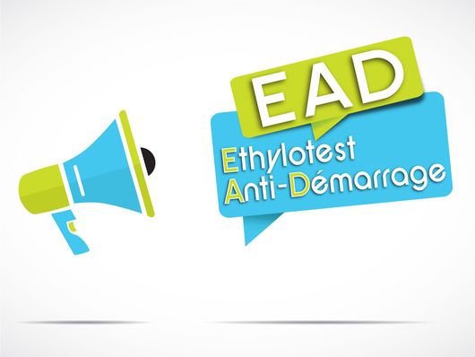 Logo EAD avec icône de mégaphone et texte français Ethylotest Anti-Démarrage sur une bulle de dialogue bleue.