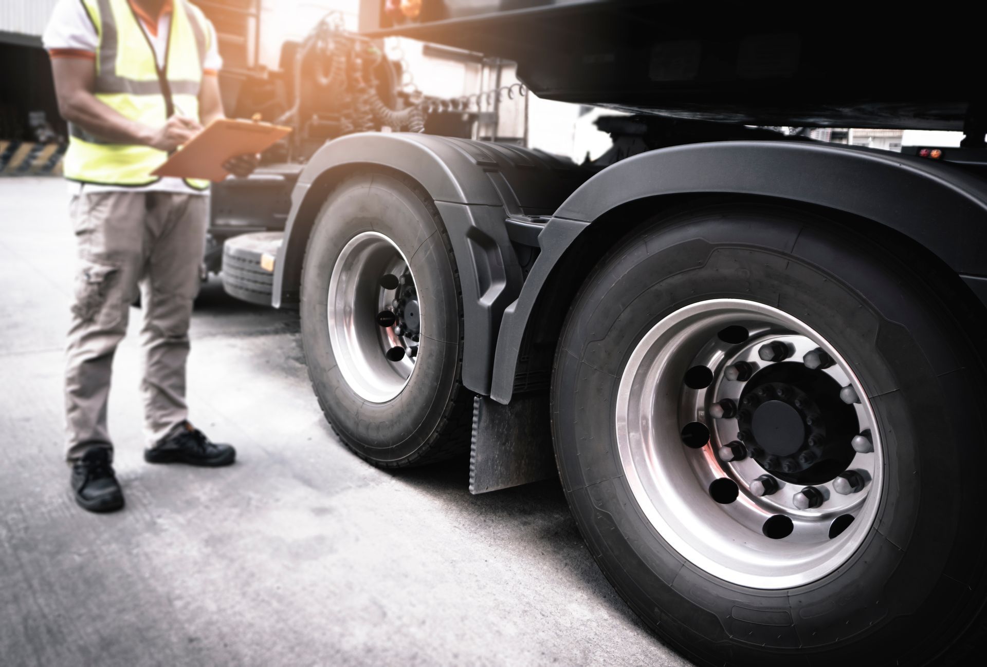 Un ouvrier inspecte les roues d'un gros camion à côté d'une remorque.