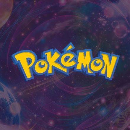 Logotipo de Pokémon en amarillo y azul sobre un fondo púrpura cósmico.