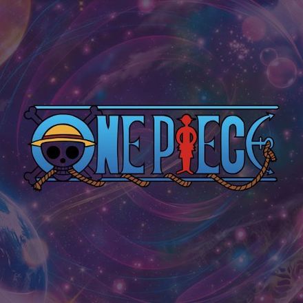 Logotipo de One Piece con una calavera pirata con sombrero de paja sobre un fondo cósmico morado.