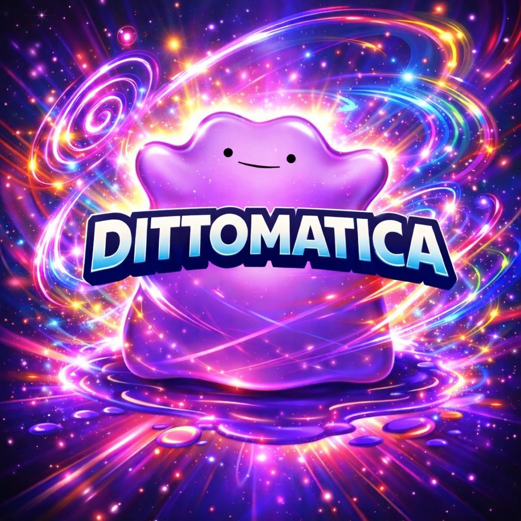 Mascota con forma de Ditto con el texto “DITTOMATICA” en diseño de galaxia púrpura neón.
