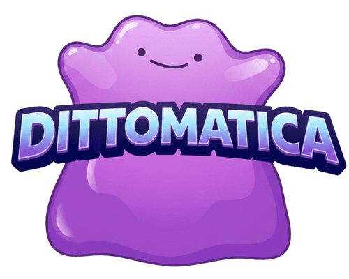 Mascota morada sonriente con forma de mancha y la palabra “DITTOMATICA” en texto azul en negrita.