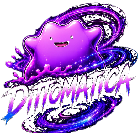 Mascota morada sonriente con forma de mancha y la palabra &ldquo;DITTOMATICA&rdquo; en texto azul en negrita.