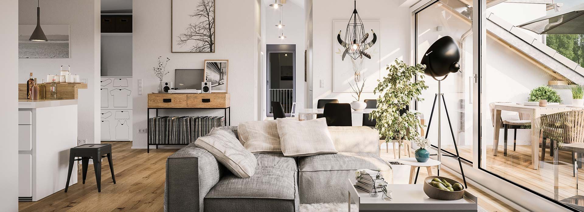 Salon lumineux avec canapé d'angle gris, fauteuil confortable, bureau, plantes et grandes fenêtres dans un loft moderne