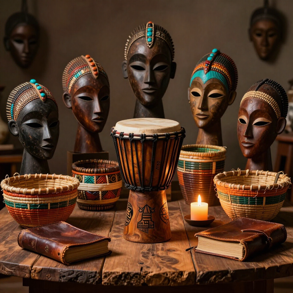 Máscaras africanas, tambor tallado, vela y libros sobre una mesa rústica bajo una luz cálida.