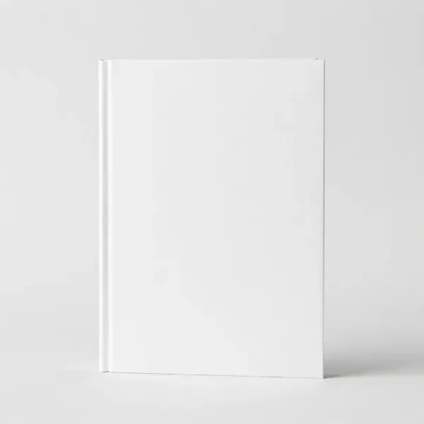 Libro blanco de tapa dura en blanco sobre un fondo gris claro