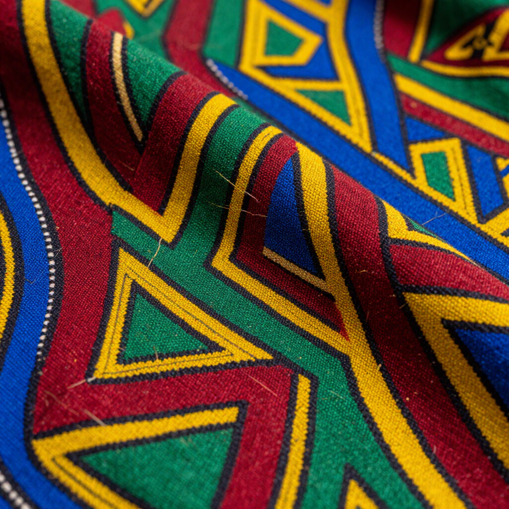 Tela geométrica colorida con patrones en zigzag rojos, verdes, azules y amarillos.