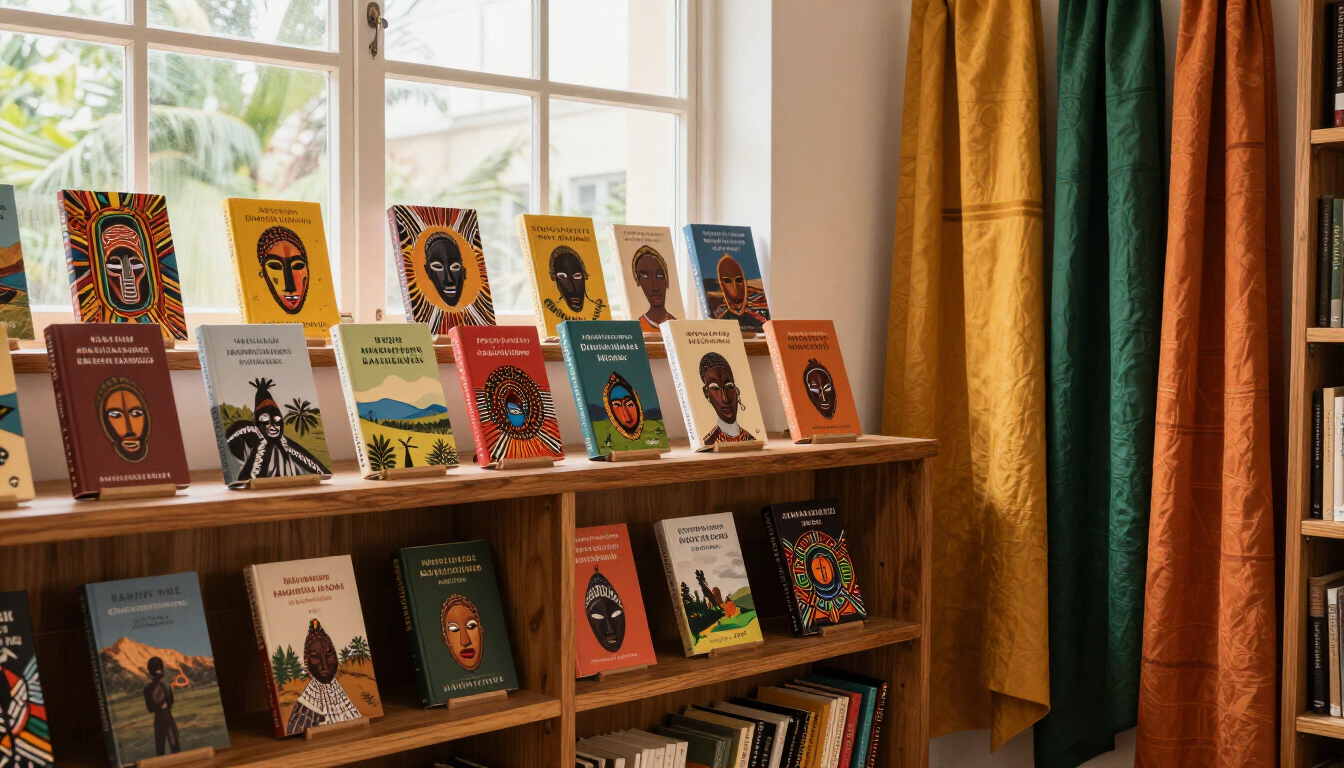Libros expuestos en estantes de madera junto a una ventana soleada, con coloridas portadas y cortinas a su lado.