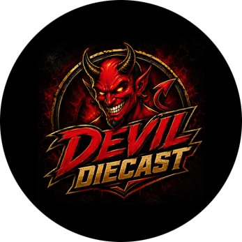 Devil Diecast-Logo mit roten Hörnern und Teufel an der Spitze